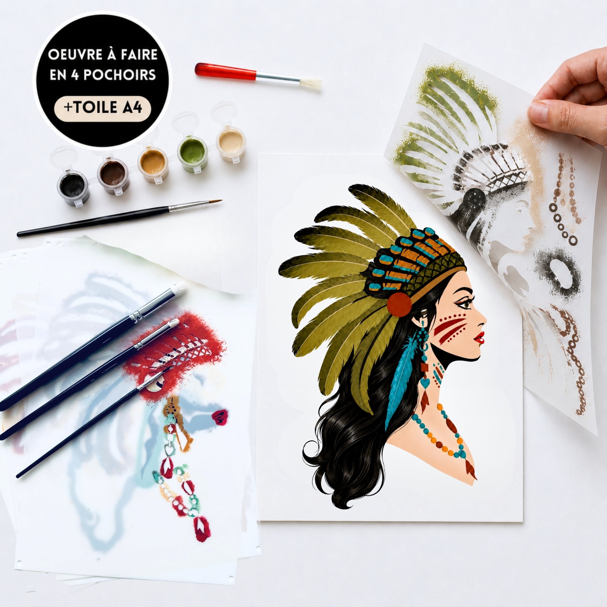 Modèle Tiva Panash Art tableau femme profil réalisé avec 4 pochoirs superposables, kit créatif DIY alternatif peinture au numéro, fabrication française