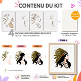 Contenu du kit Dakota Panash Art comprenant 4 pochoirs superposables numérotés, une toile A4 prête à peindre et les différentes étapes de création d’un portrait amérindien personnalisé. Alternative créative à la peinture au numéro pour adultes et enfants.