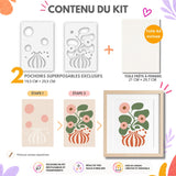 Kit créatif DIY Panash Art avec 2 pochoirs superposables transparents réutilisables, toile A4 incluse et tutoriel étape par étape pour créer une œuvre florale moderne sans savoir dessiner. Alternative à la peinture au numéro, activité créative déco facile pour adulte et enfant dès 6 ans.