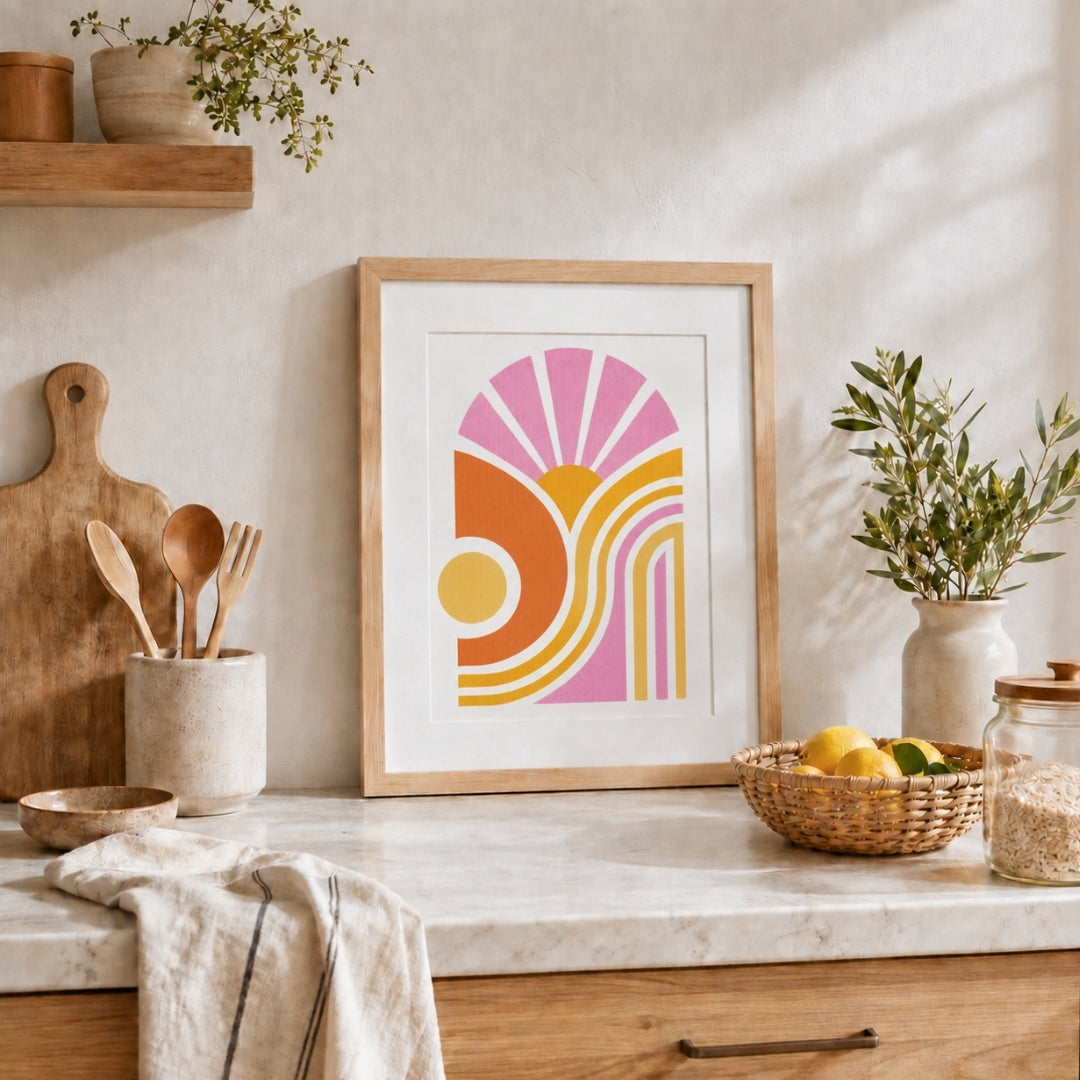 Œuvre abstraite Bloom Aura réalisée avec 2 pochoirs superposables Panash Art, encadrée dans une cuisine aux tons naturels. Tableau graphique aux couleurs rose, terracotta et jaune, créé sur toile A4 et intégré dans une décoration chaleureuse et contemporaine.