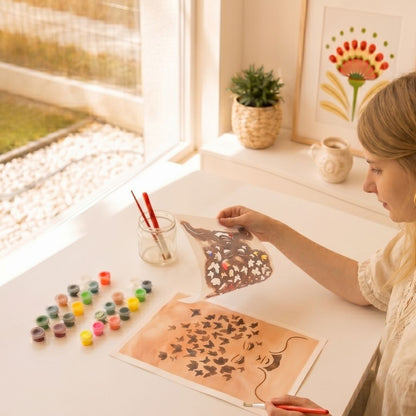 Femme réalisant le modèle Miss Papillons avec les ImPochoirs Panash Art, alternative à la peinture par numéros. Activité créative DIY avec pochoirs réutilisables, peinture acrylique et toile A4 sans savoir dessiner.