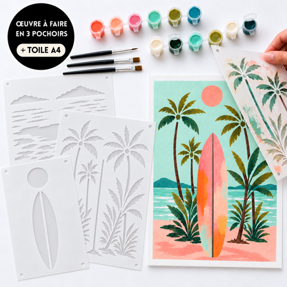 Kit pochoir Malibu PANASH ART avec toile A4 et peinture acrylique – activité créative DIY, alternative à la peinture par numéro pour adulte et enfant
