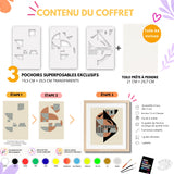 Coffret pochoirs abstrait Absolu avec 3 pochoirs superposables transparents, toile A4, peintures acryliques, palette et brosse à pochoir pour activité créative DIY moderne