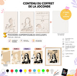 Kit créatif DIY Panash Art La Joconde Mona Lisa avec 3 pochoirs superposables transparents réutilisables, toile A4 prête à peindre incluse, activité artistique facile sans savoir dessiner, décoration murale moderne inspirée de Mona Lisa, alternative créative à la peinture au numéro.