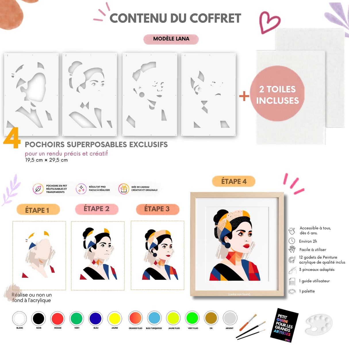 Coffret créatif DIY Lana de Panash Art avec 4 pochoirs superposables réutilisables, alternative à la peinture au numéro, comprenant 12 peintures acryliques, pinceaux, palette, guide pas à pas et toiles incluses pour créer facilement un portrait artistique moderne sans savoir dessiner.