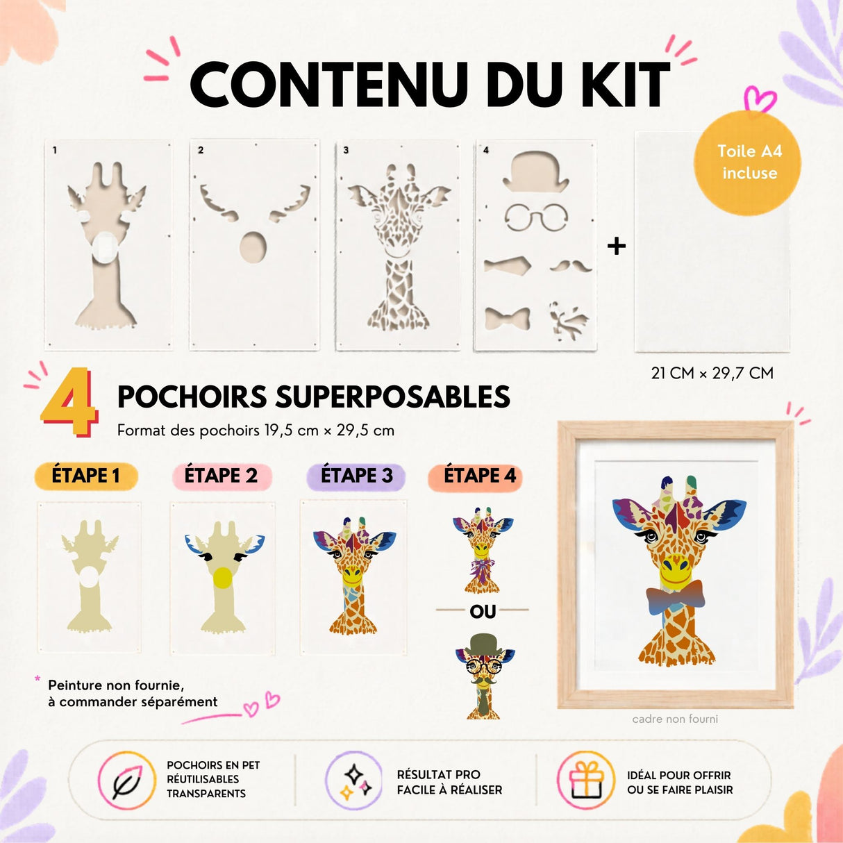 Kit pochoirs superposables Panash Art – alternative à la peinture au numéro, activité créative DIY pour créer une œuvre murale Girafe coloré à la maison, loisir créatif facile adulte et enfant, pinceaux et peintures inclus, décoration intérieure moderne.