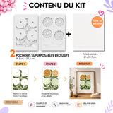 Infographie du contenu du kit Hortense : 2 pochoirs superposables et toile A4, avec les étapes de réalisation