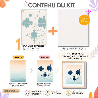 Contenu kit pochoir Hanoï Panash Art – 1 pochoir paysage asiatique, toile A4 incluse, étapes de création tableau peinture facile sans savoir dessiner