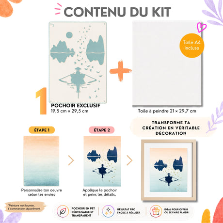 Contenu kit pochoir Hanoï Panash Art – 1 pochoir paysage asiatique, toile A4 incluse, étapes de création tableau peinture facile sans savoir dessiner