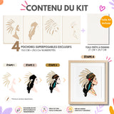 Kit créatif Tiva Panash Art avec 4 pochoirs superposables numérotés, toile A4 incluse et portrait féminin à coiffe décorative à réaliser facilement à la peinture acrylique.