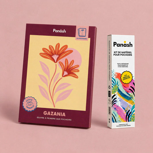 Starter Kit Gazania Panash Art : kit pochoirs Gazania et Box Peintures & Accessoires, peintures et pinceaux inclus