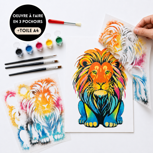Kit Pochoirs Lion – 3 pochoirs superposables + toile A4 incluse