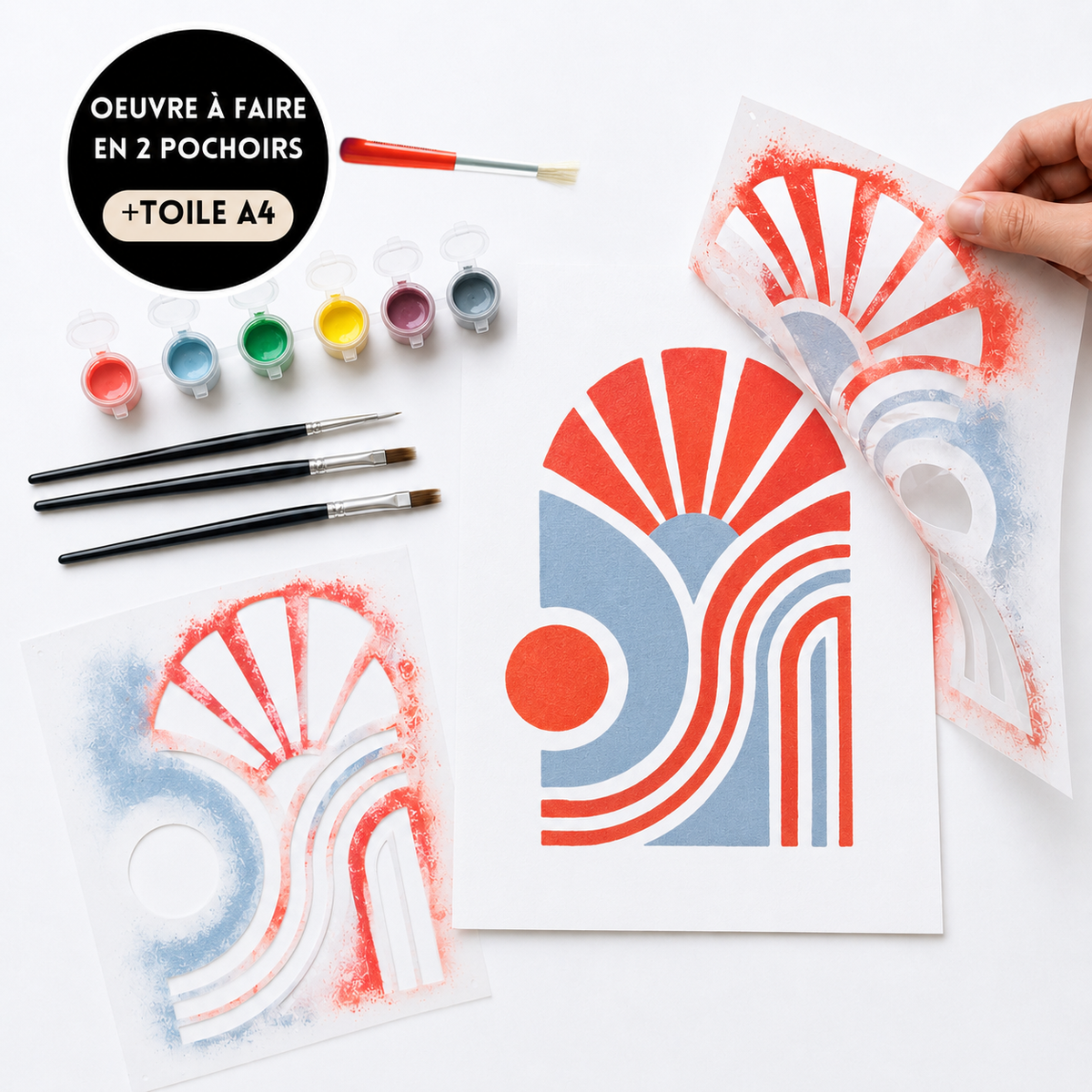 Kit créatif Bloom Aura avec 2 pochoirs superposables Panash Art. Motif abstrait et floral aux formes graphiques inspirées du soleil levant, réalisé à la peinture acrylique sur toile A4. Activité créative accessible à tous, alternative à la peinture par numéros, permettant de créer une œuvre décorative personnalisée sans savoir dessiner.