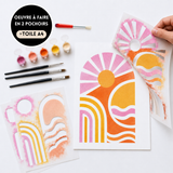 Kit créatif Bloom Linéa avec 2 pochoirs superposables Panash Art. Tableau abstrait aux formes graphiques et couleurs douces à réaliser sur toile A4. Activité créative accessible aux débutants, alternative à la peinture par numéros, permettant de créer facilement une œuvre décorative personnalisée sans savoir dessiner.