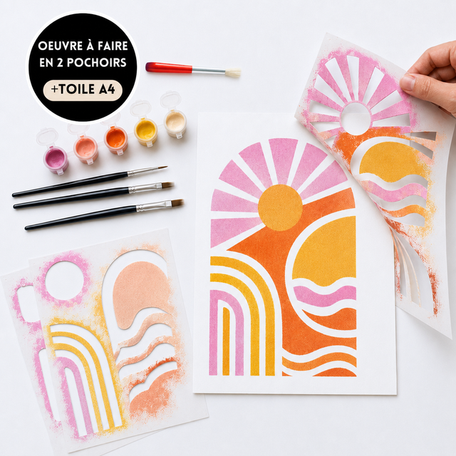 Kit créatif Bloom Linéa avec 2 pochoirs superposables Panash Art. Tableau abstrait aux formes graphiques et couleurs douces à réaliser sur toile A4. Activité créative accessible aux débutants, alternative à la peinture par numéros, permettant de créer facilement une œuvre décorative personnalisée sans savoir dessiner.