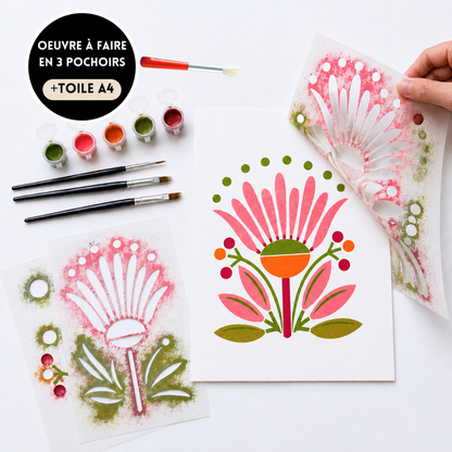 Pochoir Fleur Babs à superposer en 3 couches avec peinture acrylique, brosses et toile A4. Kit créatif DIY Panash Art fabriqué en France. Alternative à la peinture au numéro pour créer facilement une œuvre florale personnalisée à encadrer.