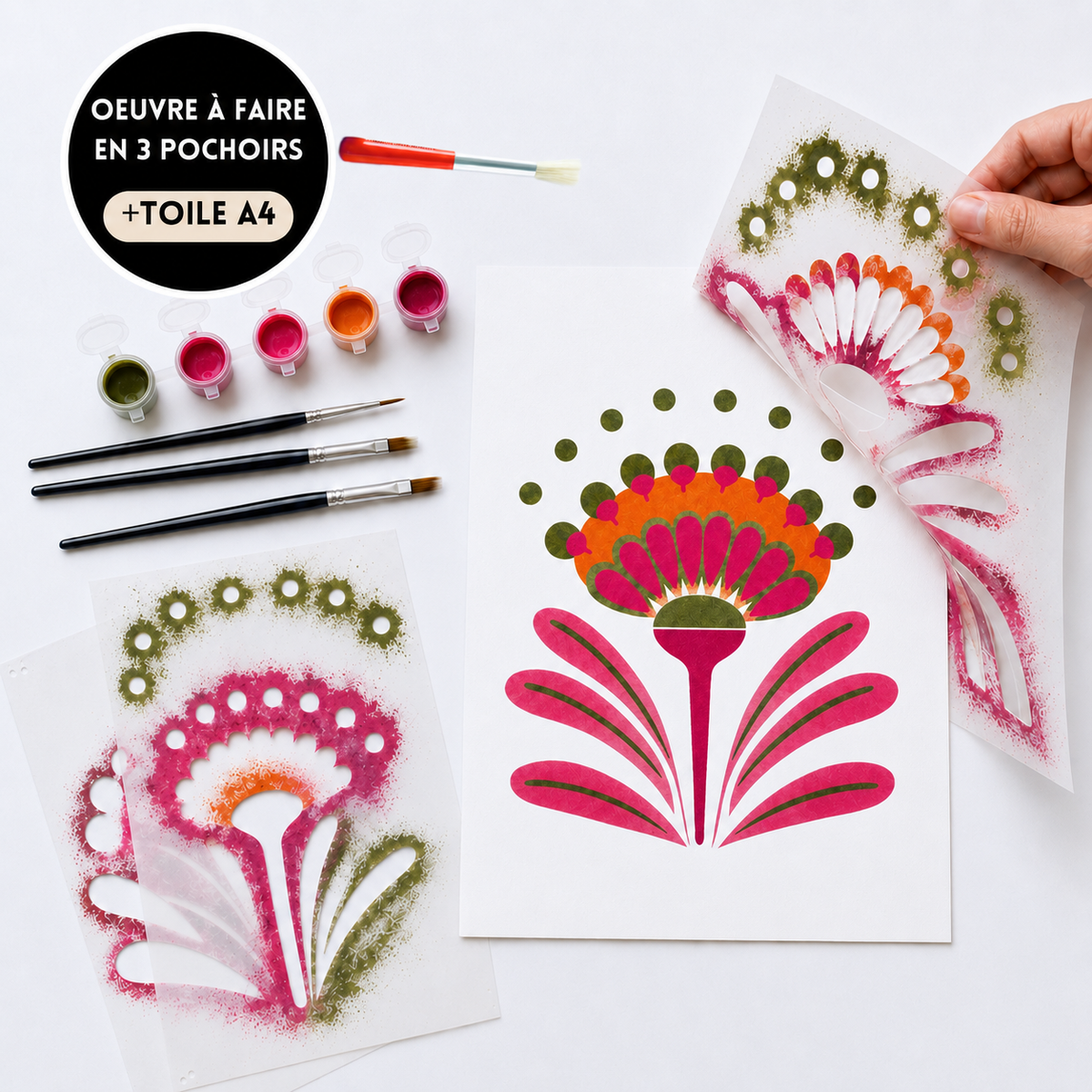 Pochoir Fleur Bali à superposer en 3 couches avec peinture acrylique, brosses et toile A4. Kit créatif DIY Panash Art fabriqué en France. Alternative à la peinture au numéro pour créer facilement une œuvre florale personnalisée à encadrer.