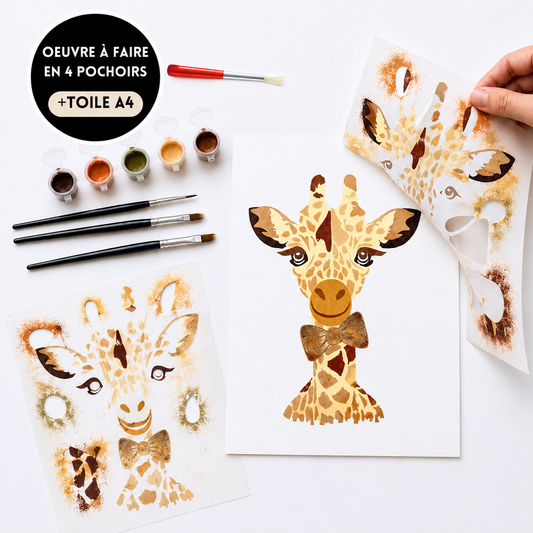 Kit Pochoirs Girafe Léa – 4 pochoirs superposables + toile A4 incluse