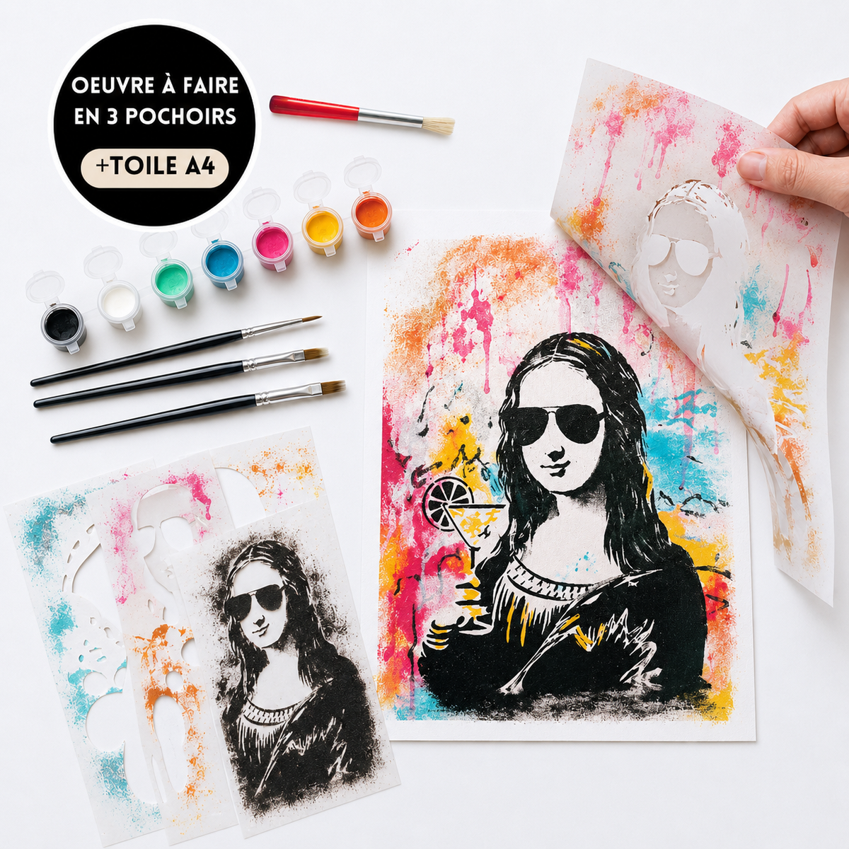 Kit Pochoirs Joconde Pop – 3 pochoirs A4 + accessoires pour pimper la Mona Lisa
