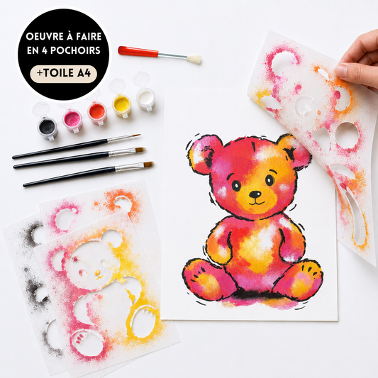 Kit Pochoirs Ourson Albert – 4 pochoirs superposables + toile A4 incluse