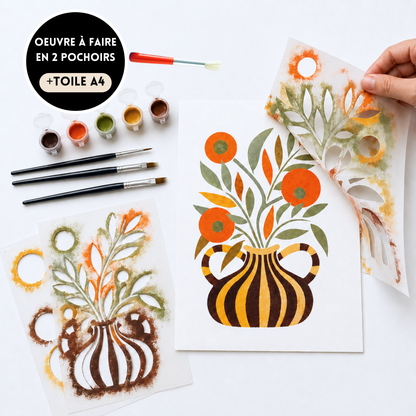Kit pochoir Vase Solena Panash Art : pochoirs superposés, peinture acrylique et pinceaux pour créer un tableau floral