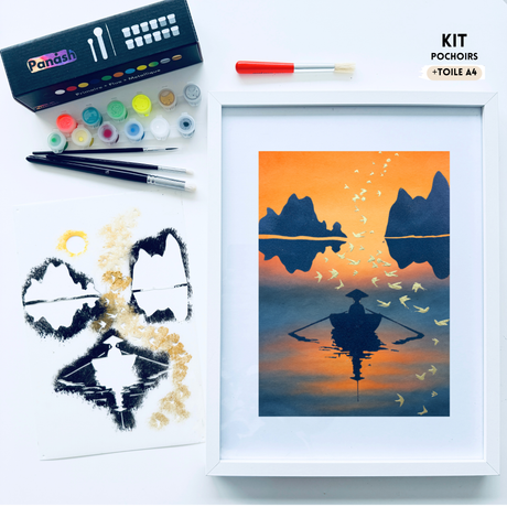 Kit créatif pochoir Hanoï Panash Art – tableau paysage asiatique coucher de soleil avec oiseaux, activité peinture facile sans savoir dessiner, format A4 prêt à encadrer