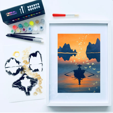 Kit créatif pochoir Hanoï Panash Art – tableau paysage asiatique coucher de soleil avec oiseaux, activité peinture facile sans savoir dessiner, format A4 prêt à encadrer