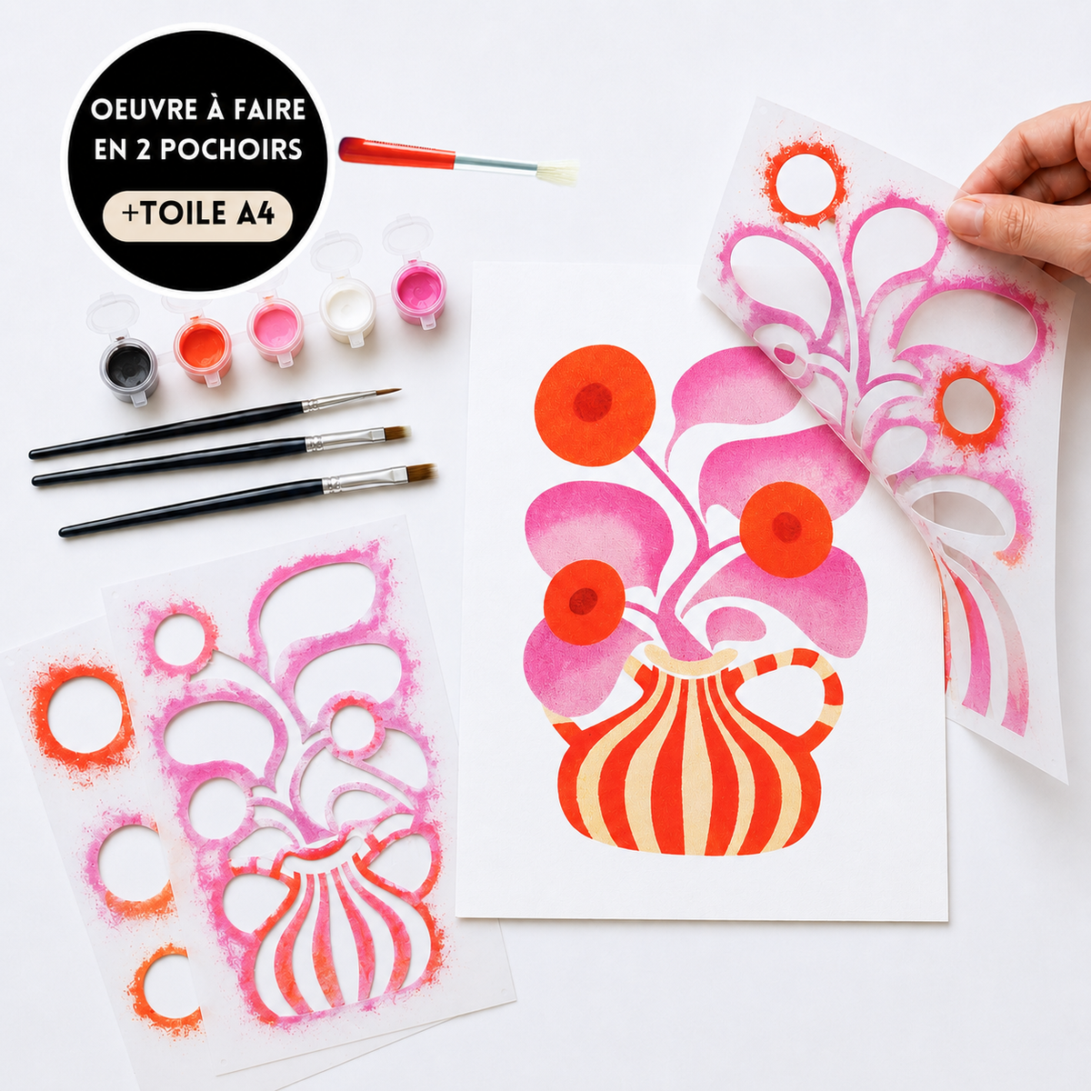Kit pochoirs Vase Eclipse : pochoirs superposables, peintures et toile A4 prête à peindre