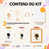 Kit créatif DIY Panash Art avec 3 pochoirs superposables floraux, toile A4 incluse et tutoriel étape par étape pour créer un portrait artistique moderne. Pochoirs réutilisables transparents, activité peinture facile sans savoir dessiner, alternative à la peinture au numéro pour adultes et enfants.