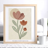 Œuvre Crocus réalisée avec le pochoir créatif Panash Art sur toile effet lin, peinture acrylique fleurs terracotta et vert sauge, support non inclus