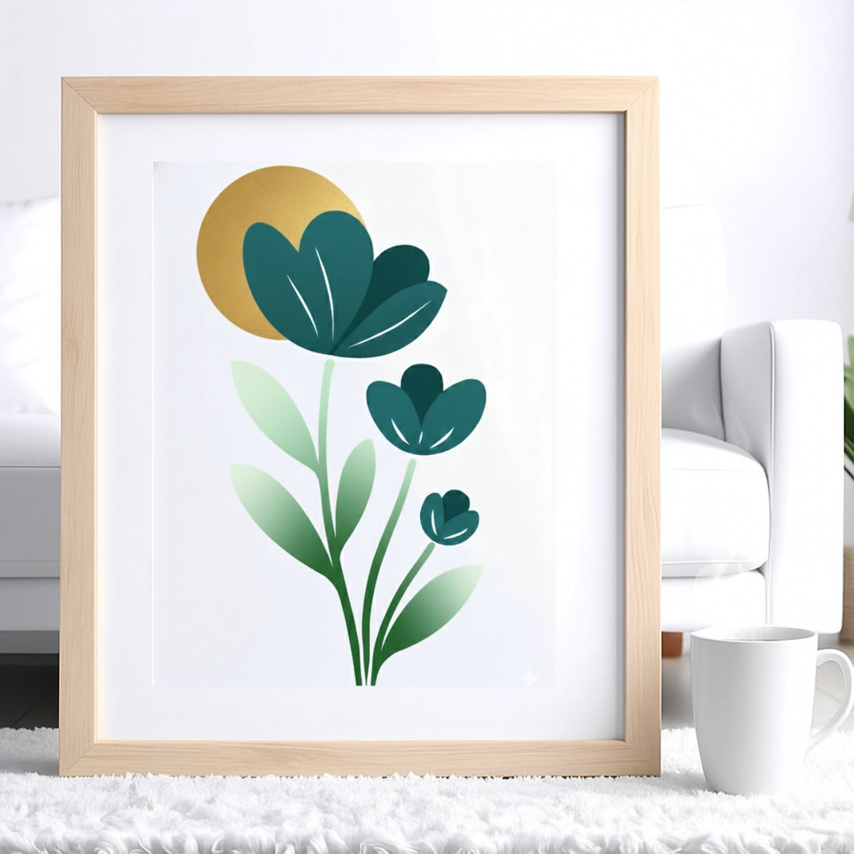 Œuvre florale Crocus réalisée avec les pochoirs Panash, illustration verte et jaune encadrée sur toile, présentée en décoration intérieure dans un salon lumineux.
