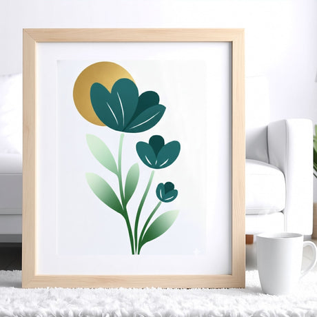 Œuvre florale Crocus réalisée avec les pochoirs Panash, illustration verte et jaune encadrée sur toile, présentée en décoration intérieure dans un salon lumineux.