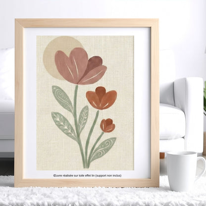 Œuvre Crocus réalisée avec le pochoir créatif Panash Art sur toile effet lin, peinture acrylique fleurs terracotta et vert sauge, support non inclus
