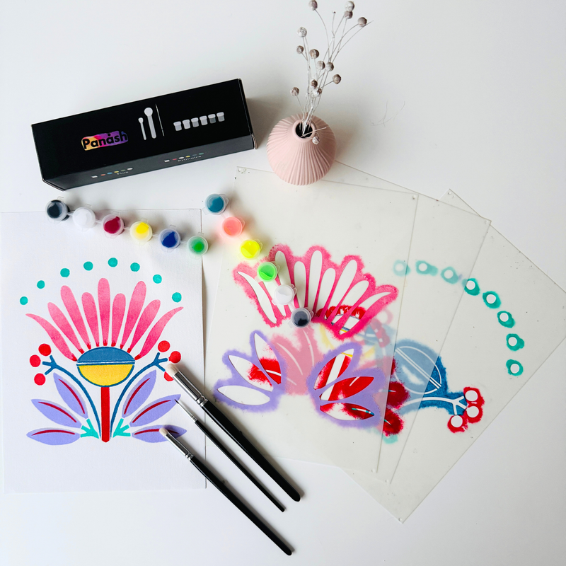 Kit créatif Flowers Bali Panash Art incluant pochoirs superposables floraux, peintures, pinceaux et exemple d’œuvre terminée, adapté enfants et adultes