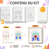 Kit peinture au pochoir Flower Bags Panash Art avec 3 pochoirs superposables, toile A4 incluse, exemple étapes de création et rendu final coloré, activité créative facile alternative peinture au numéro