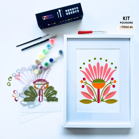 Œuvre florale Babs réalisée avec 3 pochoirs réutilisables Panash Art – kit DIY créatif facile sans savoir dessiner alternative peinture au numéro
