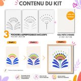 Kit créatif DIY Panash Art avec 3 pochoirs superposables réutilisables motif floral graphique, toile A4 prête à peindre incluse, activité artistique facile pour adulte et enfant, alternative moderne à la peinture au numéro, décoration murale à créer soi-même.