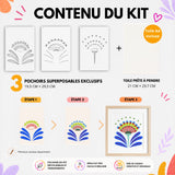 Kit créatif DIY Panash Art avec 3 pochoirs superposables réutilisables motif floral graphique, toile A4 prête à peindre incluse, activité artistique facile pour adulte et enfant, alternative moderne à la peinture au numéro, décoration murale à créer soi-même.