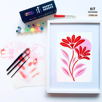 Kit pochoir superposable Gazania 3 couches Panash Art, fleurs modernes rouges et roses à réaliser en peinture acrylique, activité créative DIY alternative à la peinture au numéro, format A4, toile prête à peindre inclus