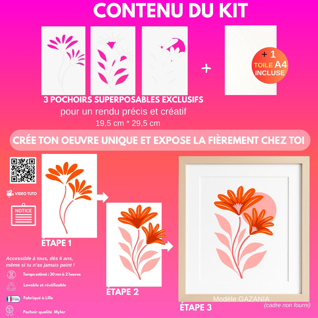 Contenu du kit créatif pochoirs superposables modèle Crocus de Panash Art