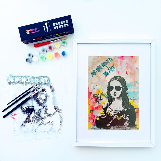 Kit créatif Panash Art Mona Lisa avec pochoirs superposables, 2 pochoirs artistiques et 1 pochoir complet avec accessoires peinture pour créer une œuvre street art DIY. Alternative peinture aux numéros