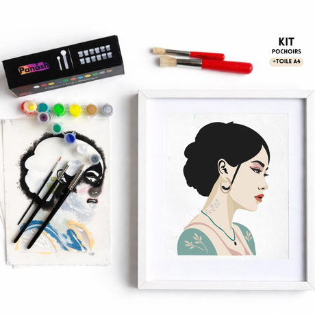 Kit créatif Louane Panash Art avec 4 pochoirs superposables réutilisables pour créer un portrait féminin sans savoir dessiner alternative  a la peinture au numéro