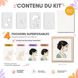 Kit créatif Portrait Louane avec 4 pochoirs superposables réutilisables en PET transparent, toile A4 incluse, activité DIY accessible aux débutants, alternative moderne à la peinture au numéro, création artistique sans savoir dessiner, kit peinture décorative Panash Art.