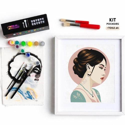 Kit créatif Louane Panash Art avec 4 pochoirs superposables réutilisables pour créer un portrait féminin sans savoir dessiner alternative  a la peinture au numéro