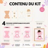Fiche contenu du kit créatif Ourson Panash Art avec 4 pochoirs superposables réutilisables en PET, toile A4 incluse et résultat final encadré, une activité manuelle facile à réaliser et une alternative originale à la peinture au numéro.