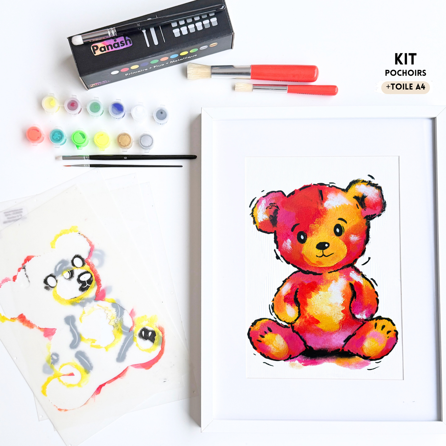 Pochoir ourson Panash Art en 4 pochoirs superposables pour créer un tableau enfant coloré – activité créative DIY alternative à la peinture au numéro.