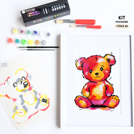Pochoir ourson Panash Art en 4 pochoirs superposables pour créer un tableau enfant coloré – activité créative DIY alternative à la peinture au numéro.