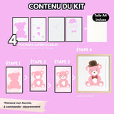 Contenu du kit pochoirs superposables de l'ourson de Panash art avec une toile a peindre.Une alternative à la peinture au numéro