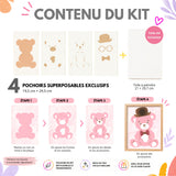 Fiche contenu du kit créatif Ourson Panash Art avec 4 pochoirs superposables réutilisables en PET, toile A4 incluse et résultat final encadré, une activité manuelle facile à réaliser et une alternative originale à la peinture au numéro.
