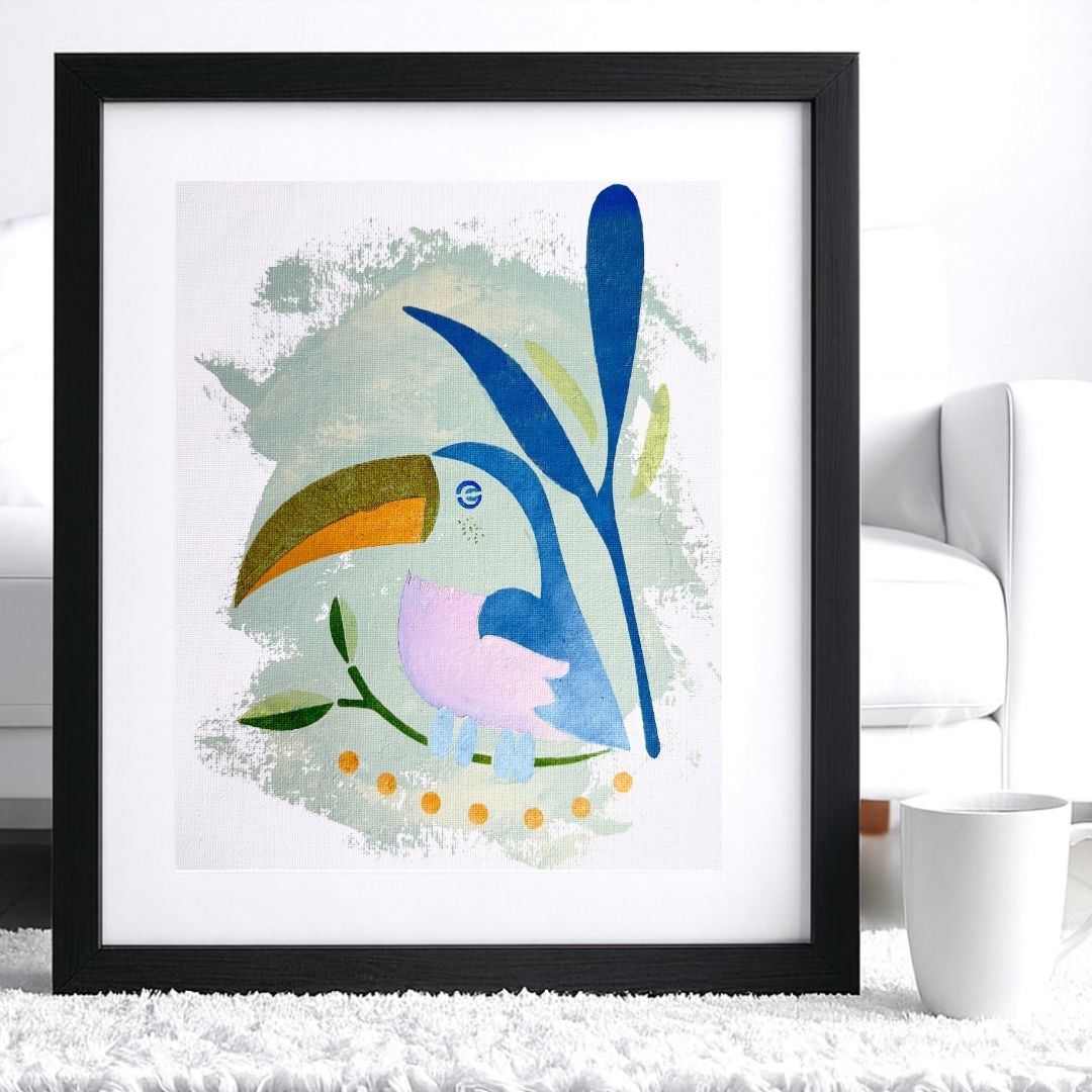 Œuvre finie du Toucan réalisée avec le kit pochoir Toucan de Panash Art.